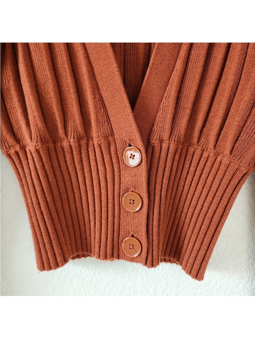 Deep V Ribbed Button-Up Sweater Cardigan - Rust - Picture 4 of 10